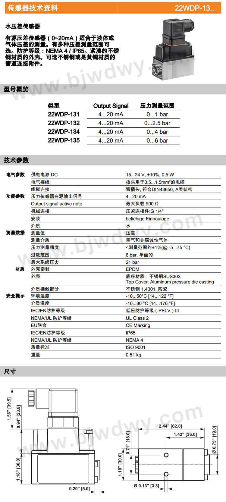 瑞士BELIMO搏力谋 水压差传感器 22WDP-134/22WDP-135(图1)